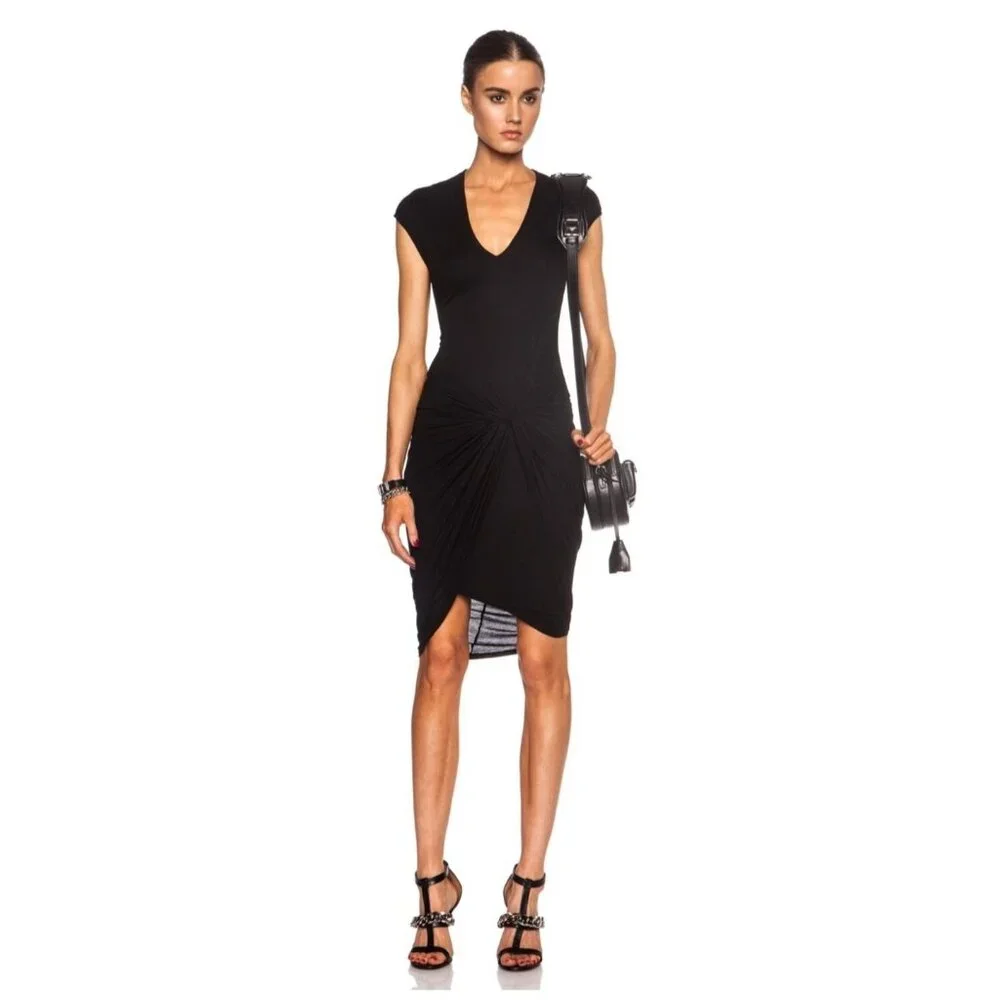 Helmut Lang Black Asymmetrical Draped Knotted Jersey Dress S Vamp Glam Cocktail - Picture 1 of 8
